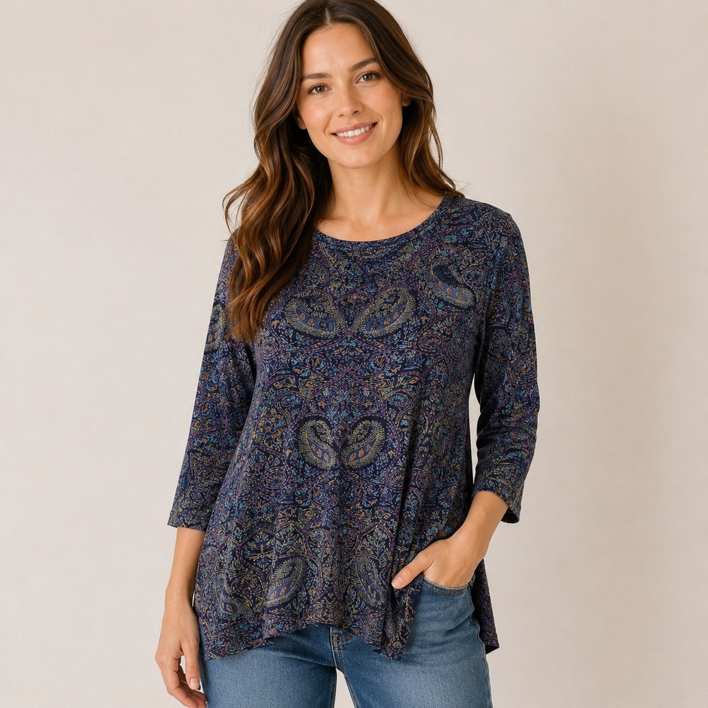 Lucky Brand Women Large Navy Paisley 3/4 Sleeve Split Back Cotton Modal Top